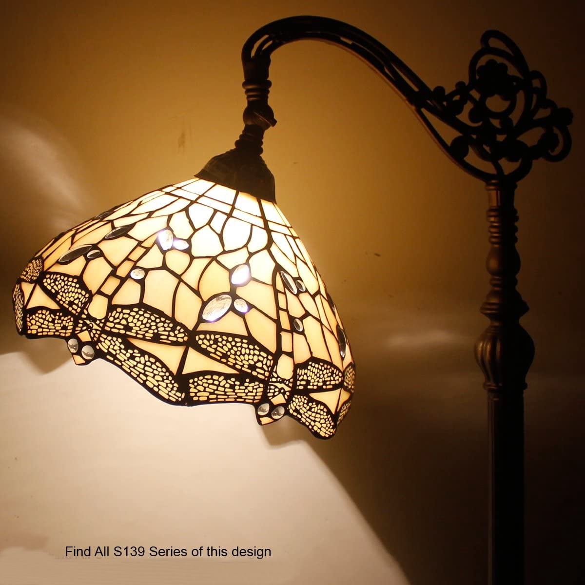 Tiffany Style Reading Floor Lamp Lighting W12H64 Inch 1E26 Cream Stained Glass Crystal Dragonfly Shade Antique Arched Resin Base Foot Switch Easy Assemble S139 LAMPS Lover Home Decoration