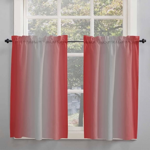Deep Red Gray Ombre Window Short Curtains 54 Inch Length, Christmas Red Gradient Rod Pocket Kitchen Window Treatments Drapes for Bedroom, Cafe, Living Room, 2 Panels, 42 W x 54 L