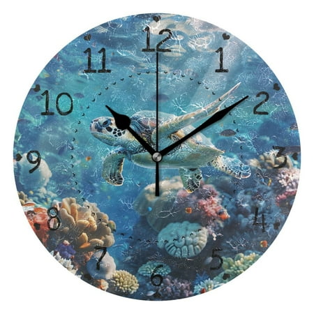 Sea Turtle Beautiful Corals Round Wall Clock Silent Analog Battery Operated Black Pointer Home Decor 9.84 Diameter