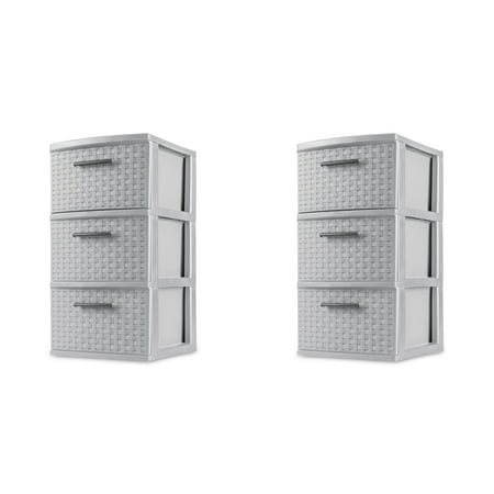 Sterilite 3 Drawer Weave Tower, Plastic Décor Drawers with Pull Handles, Gray, 2 Pack