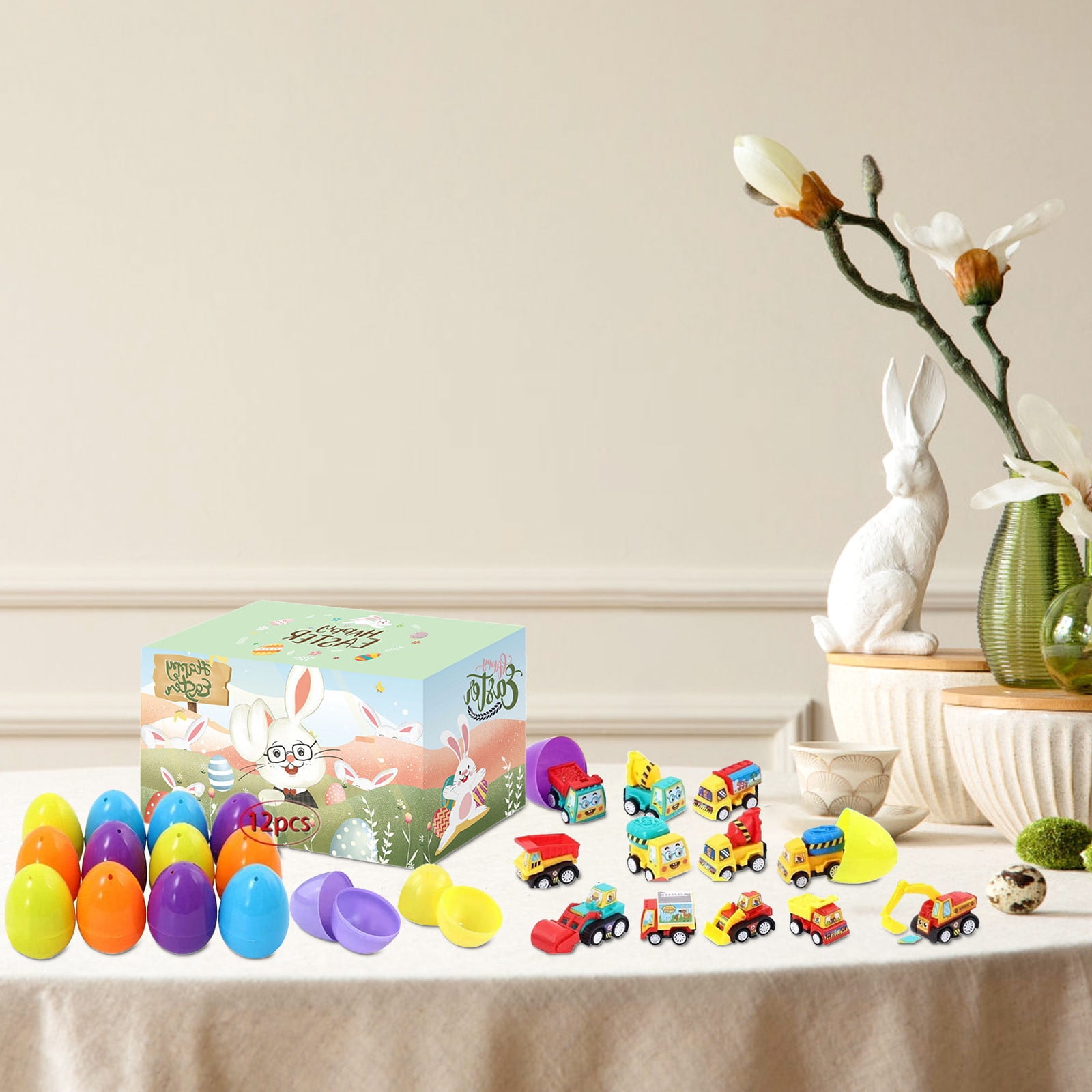 Prefilled Easter Eggs With Pull Back Cars Or Dinosaur Toys 12-Pack For Party Gifts And Holiday Fun