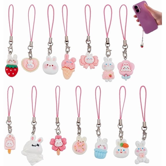 14Pcs Phone Strap Charms 14 Styles Cute Resin Rabbit Mobile Charm Straps Decorative Hanging Animal Keychain Pendants for Cellphones Bags Backpacks Accessories Kawaii Gifts