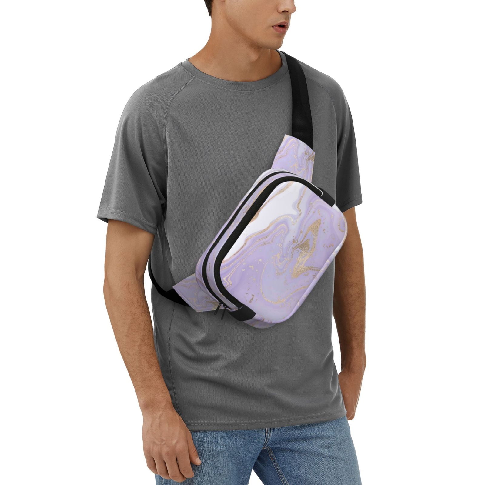 Picia Lavender Glitter Foil Stripes Print Square Double-Layer Waist Bag Mini Adjustable Waist Belt Bag Exercise Running Travel Hiking