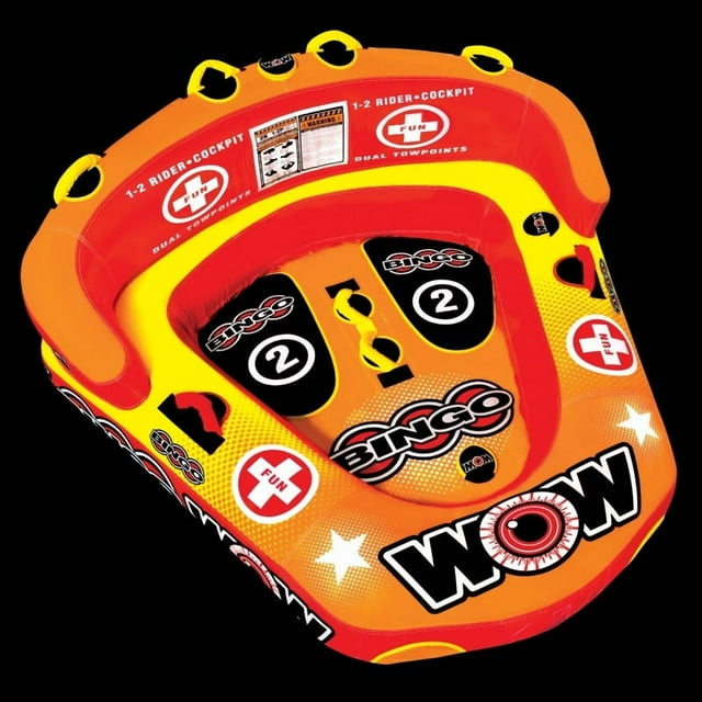 World of Watersports Towable Tube 14-1060 Bingo; Cockpit Design With High Backrest; 1 To 2 Riders/340 Pound Load Capacity; 69 Inch Length x 68 Inch Width; Multi-Color