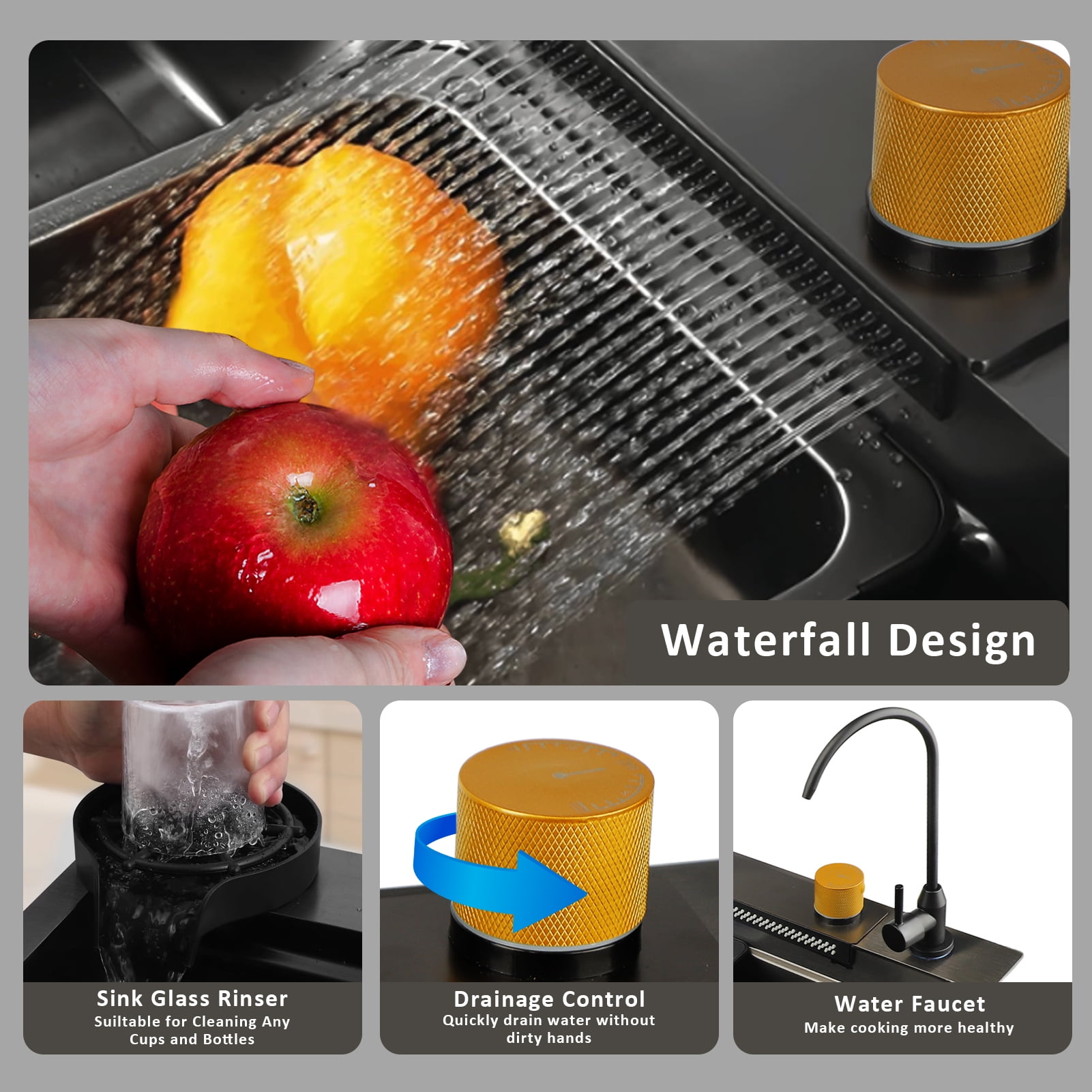 Waterfall Kitchen Sink, Single Bowl Drop in Kitchen Sink with Pull-Out Faucet and Multiple Accessories - 31.5×17.7×8 inch