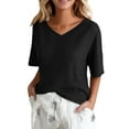 thumbnail image 5 of Helii T Shirts for Women V Neck Solid Color 3/4 Sleeve Tops Casual Loose Lightweight Linen Cotton Blouse for Spring Summer Fashion Clothing Black, 5 of 5