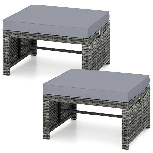 Gymax 2 Pieces Patio PE Rattan Ottomans with Soft Zippered Cushions for Deck Gray