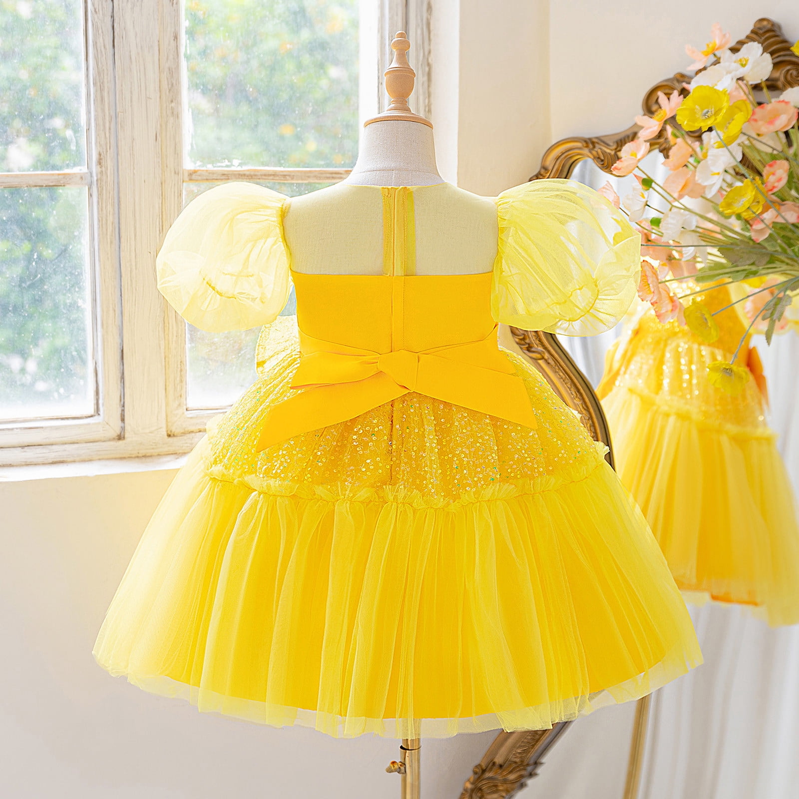 Wdgfv Sparkly Sleeve Girls Dress Bow Detail Toddler Party Gown Formal Tutu Pageant Outfit For Birthday Photoshoot Yellow 3-4 Years