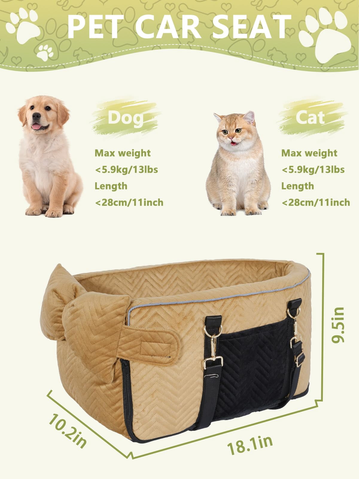 Small Dog Car Seat  Portable With Soft Washable Cushion Center Console For Dogs Up To 13lbs(brown)