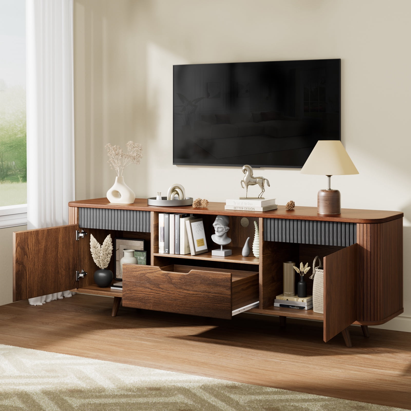 Tydimor TV Cabinet Stands for TVs up to 65", Entertainment Center with Storage Shelf & Outlet, Media Console Table with Drawers for Living Room