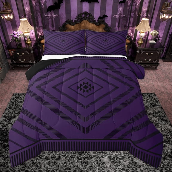Homewish Hippie Western Aztec Bedding Comforter Set for Women, Vintage Stripe Abstract Twin Comforter Sets, Fashion Purple Buffalo Reversible Bedding Set, Luxury Bedroom Decor, 2-Piece