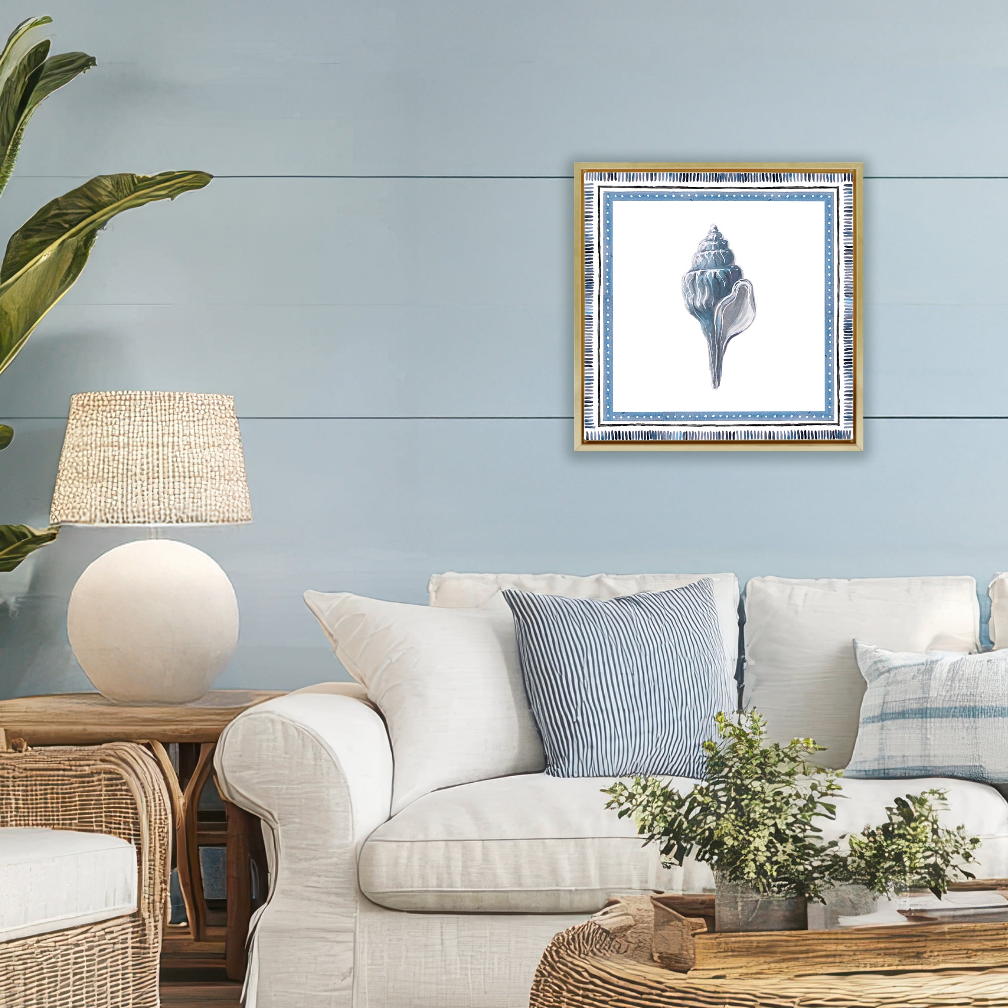 Stupell Industries Soft Blue Conch Shell Gold Framed Floater Canvas Wall Art, design by Lanie Loreth