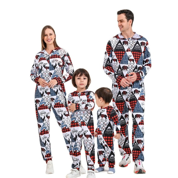 URMAGIC URMAGIC Christmas Family Matching Pajamas Elk Plaid Hooded Onesie Jammies