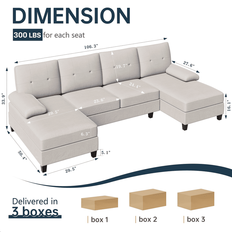 Walsunny U-Shaped Sectional Sofa Couch, 4 Seat U Shaped Oversized Clearance Sofa Set with Double Chaise for Living Room, Beige