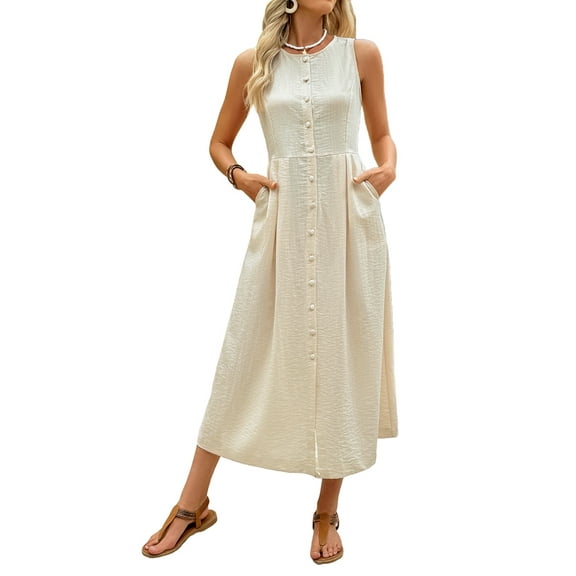 Women'S Crew Neck Solid Color Sleeveless Button Down Boho Dress Beige XL