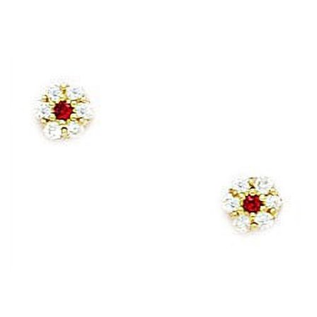14k Yellow Gold January Red CZ Small Flower Screw-Back Earrings - Measures 4x4mm