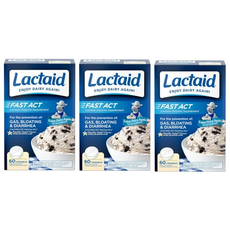 Lactaid Fast Act Chewables, Vanilla Twist, 60 Count, Pack of 3 - Lactose Intolerance Relief