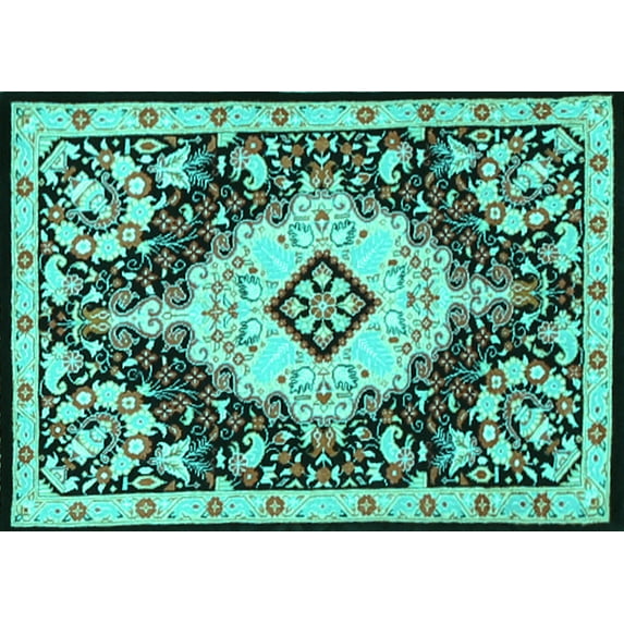 Ahgly Company Machine Washable Indoor Rectangle Medallion Turquoise Blue Traditional Area Rugs, 2' x 4'