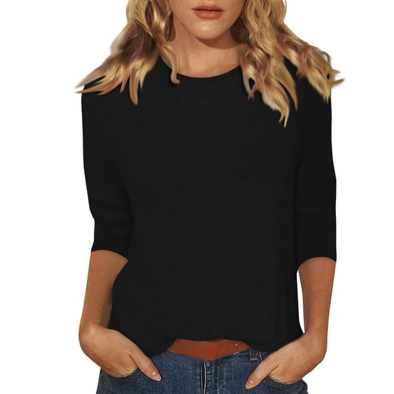Womens Summer 3/4 Sleeve T Shirts Crew Neck Loose Fit Tunic Tops Casual Solid Basic Tees Black S