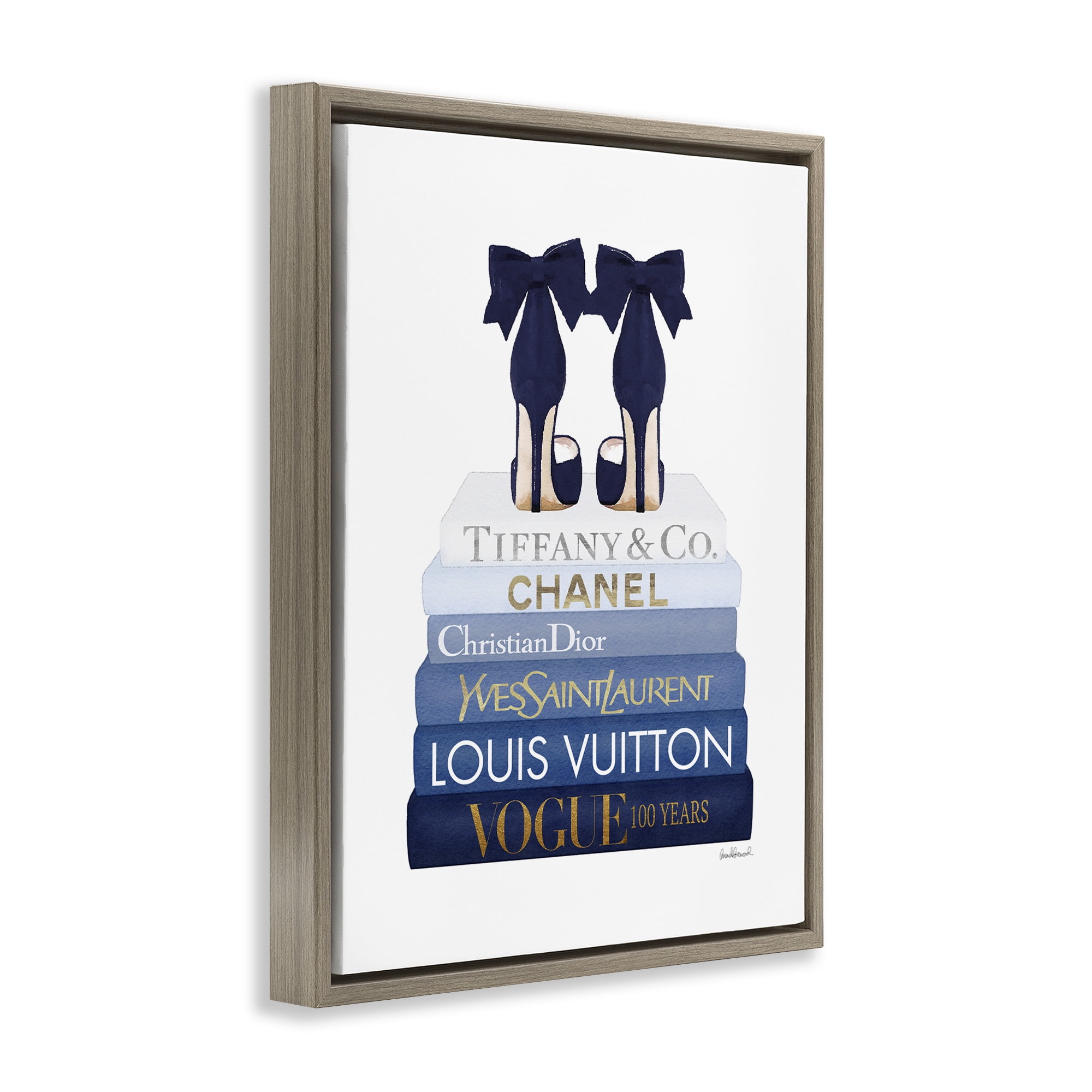 Stupell Industries Navy Blue Heels Chic Bookstack Beauty & Fashion Painting Brown Floater Framed Canvas Art Print Wall Art, 25 x 31
