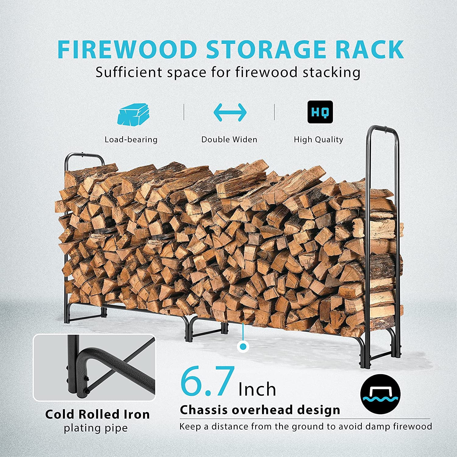 SPECSTAR 8ft Heavy Duty Indoor Outdoor Firewood Storage Log Rack with Cover Combo Set Black