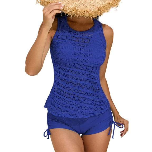 Ecqkame Swimsuit for Women Modest Tankini Sleeveless Hollowed Out Mesh Top and Shorts 3-Piece Bathing Suit with Cover-Up Blue XL