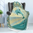 thumbnail image 4 of Dolphin Soft Flannel Fleece Throw Blanket, Aquatic Mammal Jumping out of the Sea the Sun Behind Its Back Frame, Cozy Plush for Indoor and Outdoor Use, 50" x 60", Teal Yellow Black, by Ambesonne, 4 of 5
