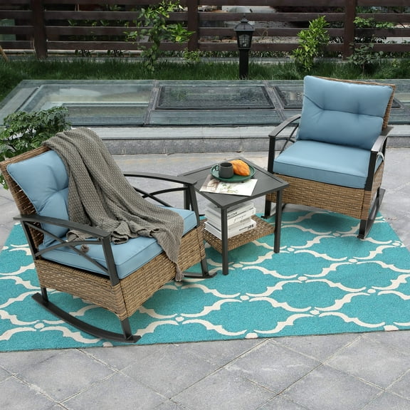 Olurrisa 3pc Grey Rattan Rocking Chair Set for Outdoor, Steel Frame Leisure Patio Rocking Chairs with Side Table