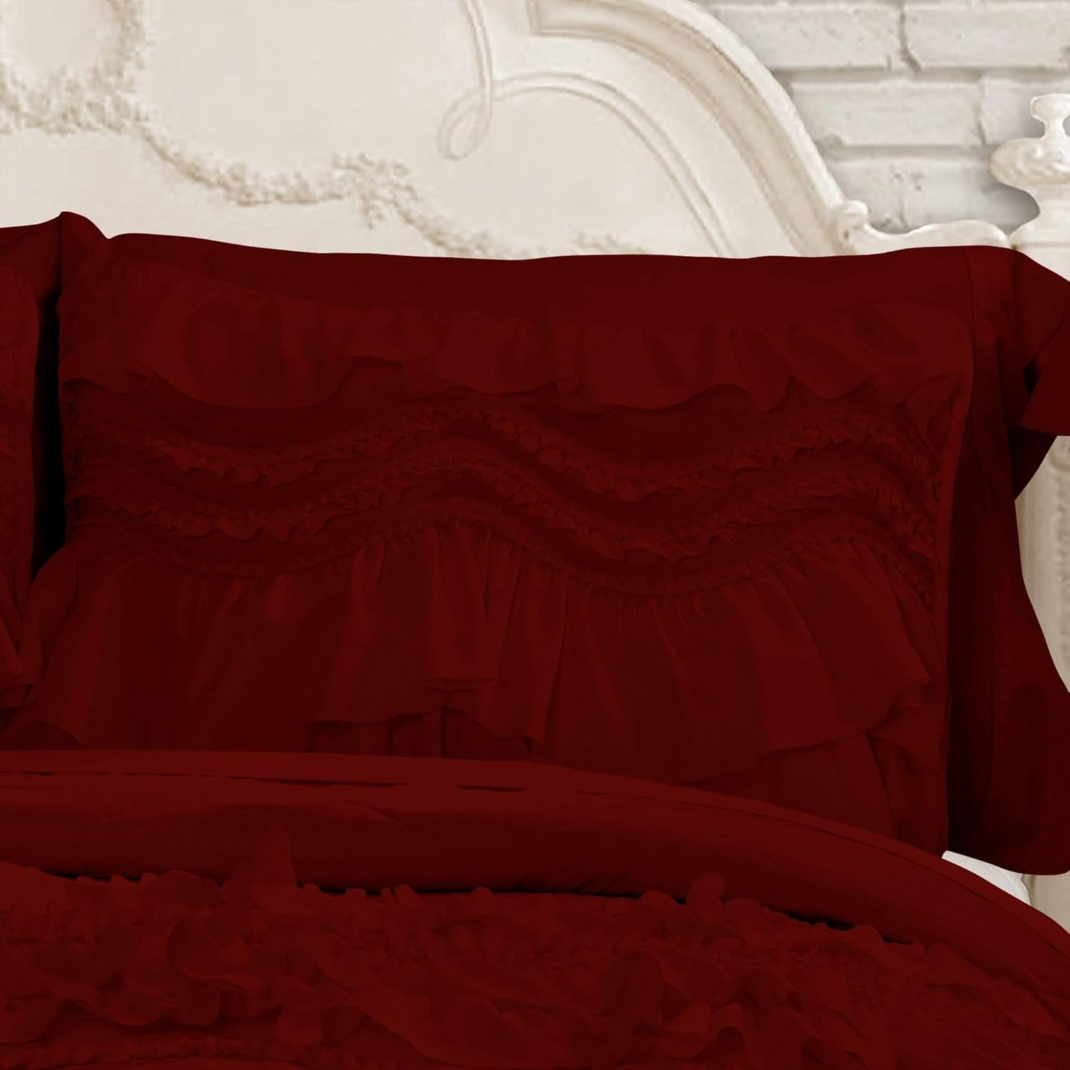 D.N.G. BEDDINGS 800 Thread Counts, 100% Egyptian Cotton, 550 GSM Microfiber filled Quilt Ruffled With Small Pom Pom Textured 1 Piece Twin/TwinXL Size Comforter, Burgundy