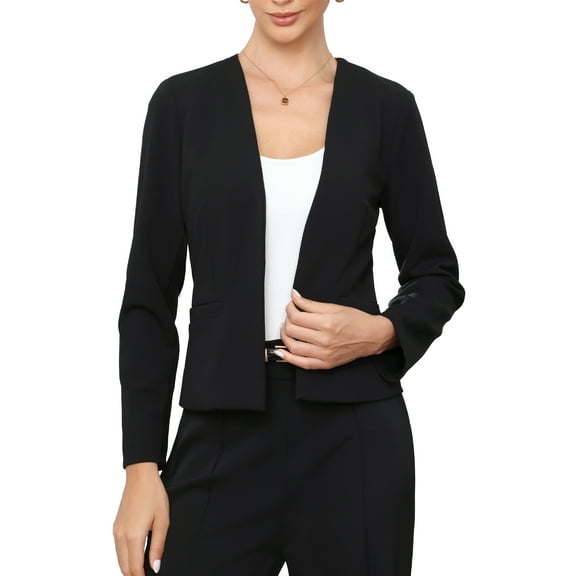 INSPIRE CHIC Blazer for Women's Work Office Casual Long Sleeve Open Front Collarless Suit Jackets with Pockets XS Black