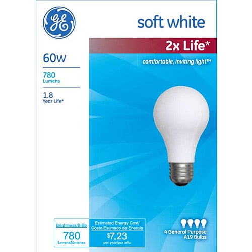 General Electric GE Soft White Incandescent Light Bulb, 60 watt A19 4