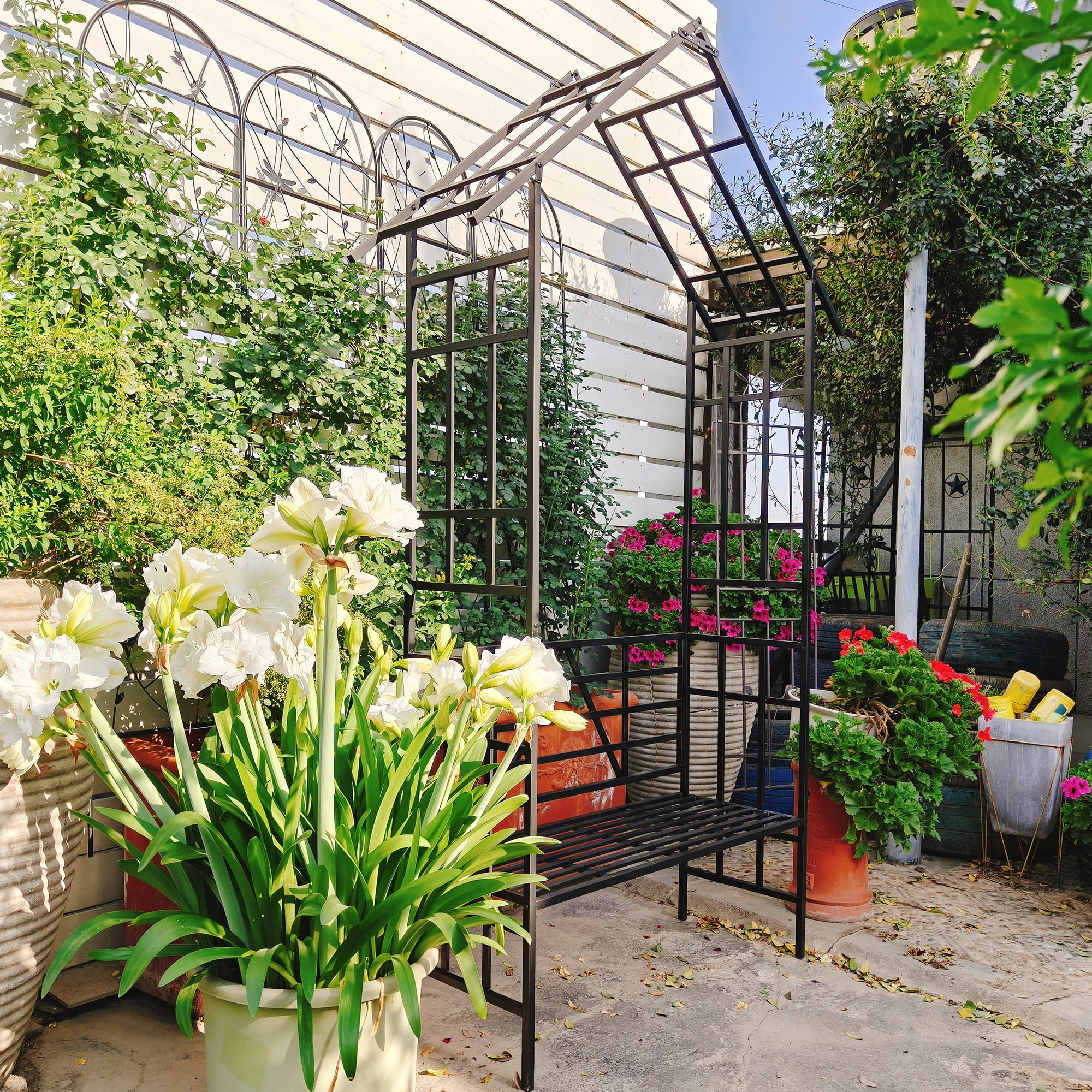 Black Metal Garden Arch with Bench Convertible Flower Stand 5807x9724x1693 Inch Climbing Plants Support Rose Arch Outdoor Garden Decor
