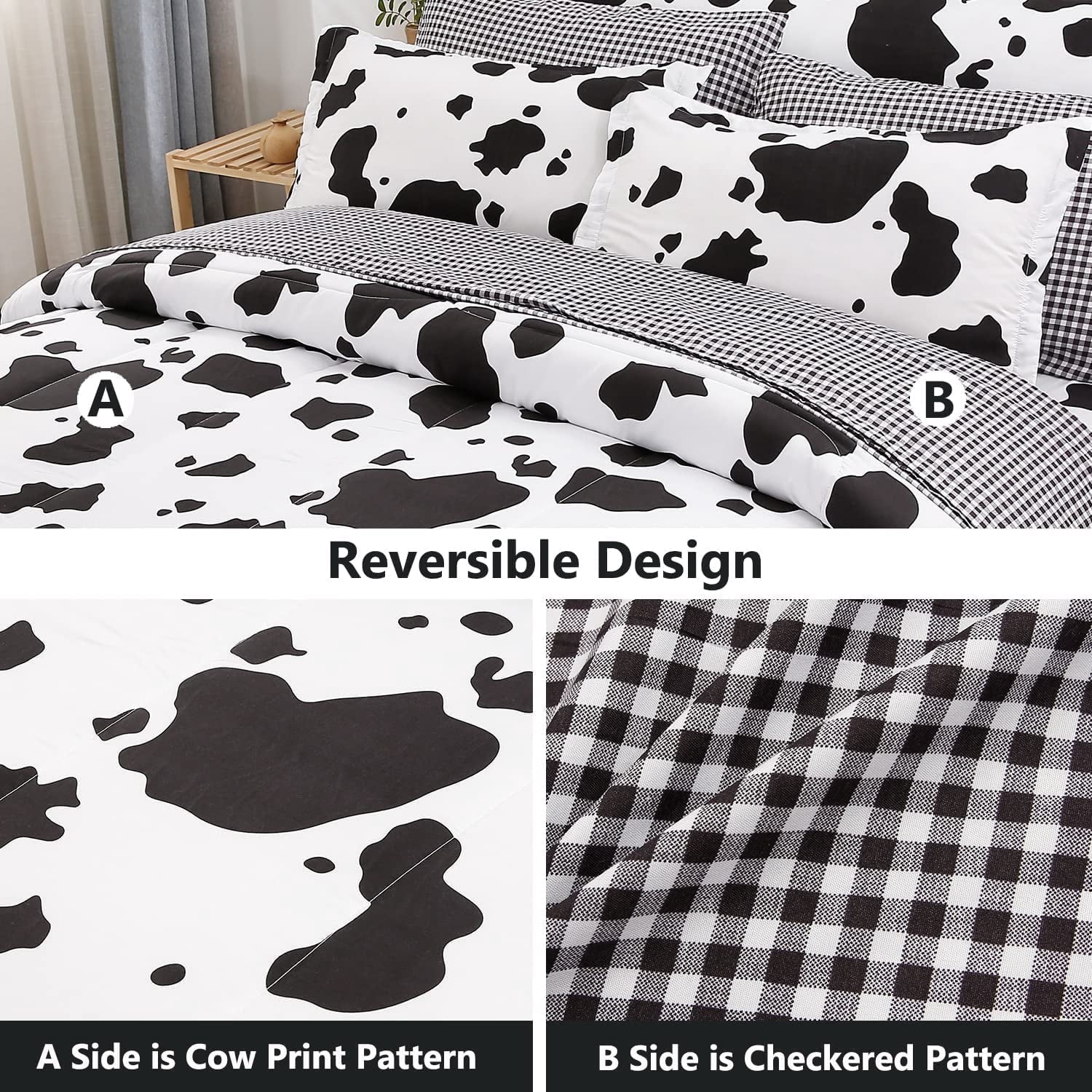 PERFEMET Kid Queen Comforter Set 3-Piece,Black White Cow Print Bedding Set for Girls Boys,Western Farmhouse Kids Comforter Set for All Season (1 Comforter,2 Pillowcases)