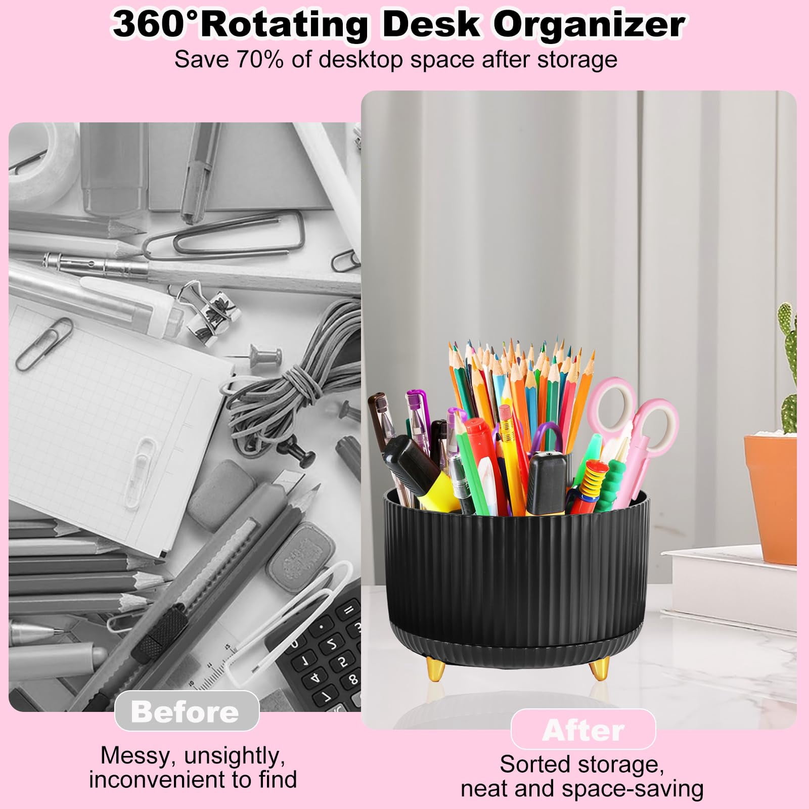 Black Desk Organizers And Accessories Set With 360-degree Rotating Pen Holder  Tape Dispenser Stapler Staple Remover 1000 Staples Clips Ruler Scissor