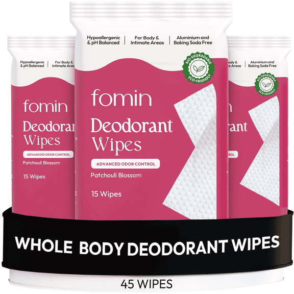 FOMIN Acidified Deodorant Wipes For Women - 45 Count - Patchouli Blossom – Hypoallergenic, pH Balanced Whole Body Wipes - Plastic-Free, Exfoliating & Advanced Odor Control Underarm Body Wipes
