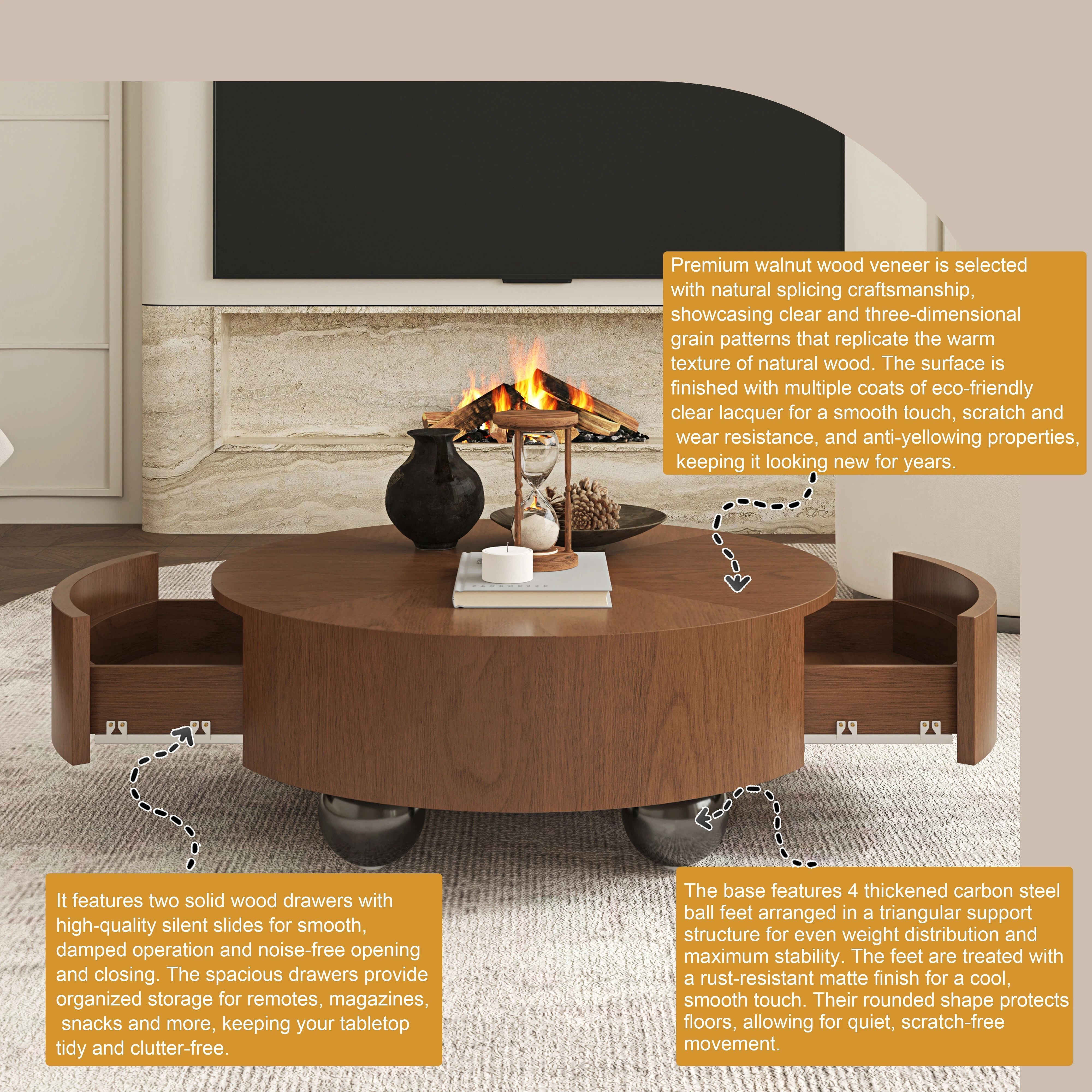 Euroco 35.43" Round Coffee Table with Storage Drawer, Mid-Century Modern Center Table with Sphere Base Legs for Living Room,Walnut