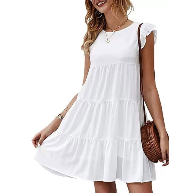 Lucakuins Mujeres Casual Plisado Vestido Corto, Adultos Primavera Color Sólido Cuello Redondo Manga Corta Mini Vestido Lucakuins moda