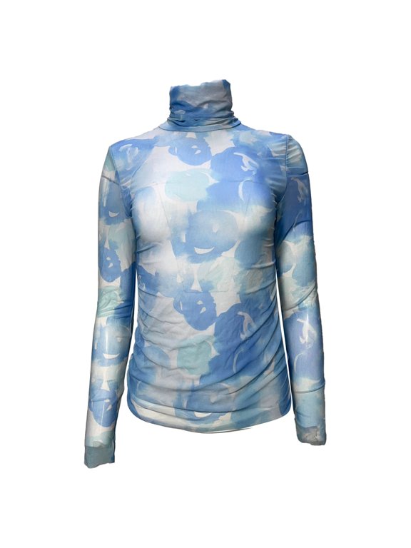 Pre-Owned Ganni Printed Turtleneck Long Sleeve Mesh Top in Light Blue Polyamide