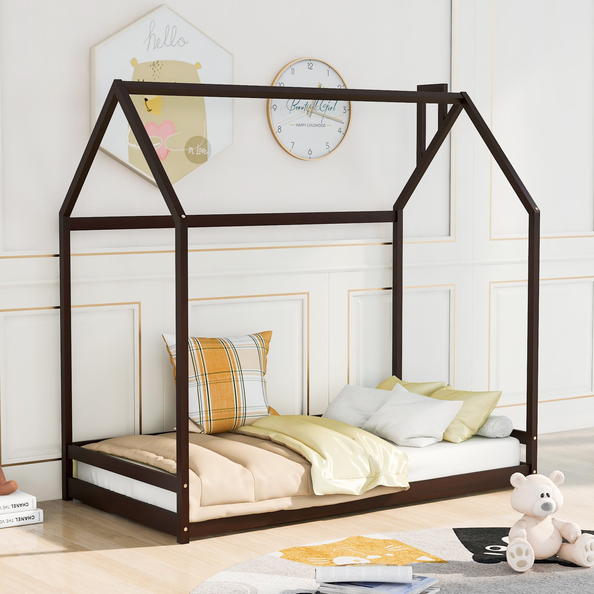 Gewnee Twin Size Floor Bed, Wood Twin House Bed with Rails for Toddler Kids,Espresso