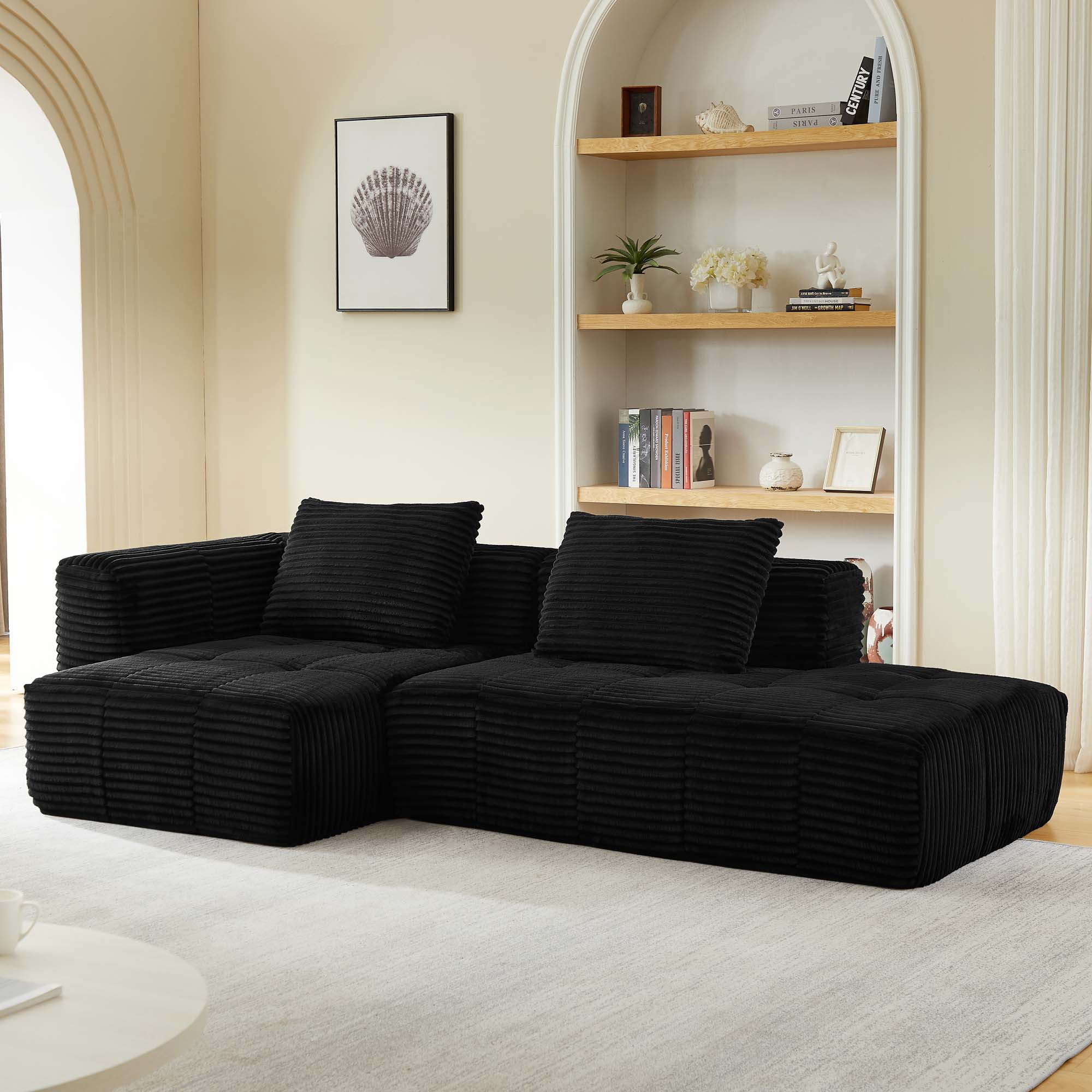 Miniyam 108 in 3 Seats L-Shape Modular Compressed Couch, Sectional Sofa with Chaise Lounge, Upholstered Oversized Tufted Couches for Living Room, Black
