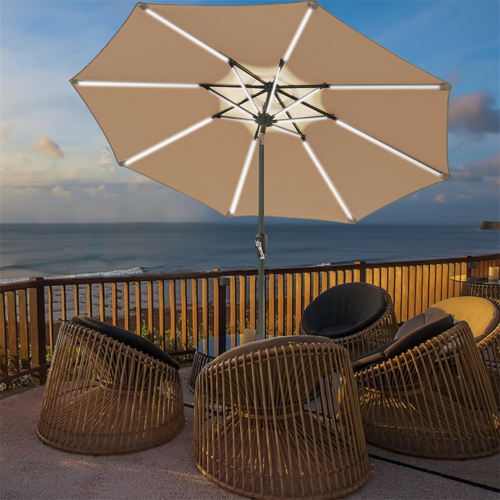 9 Ft Led Light Bars Patio Outdoor Umbrella Solar Power Market Table Fade Resistant Umbrella With Push Button Tilt Crank And 8 Sturdy Ribs Solar Led Brown Walmart Com Walmart Com