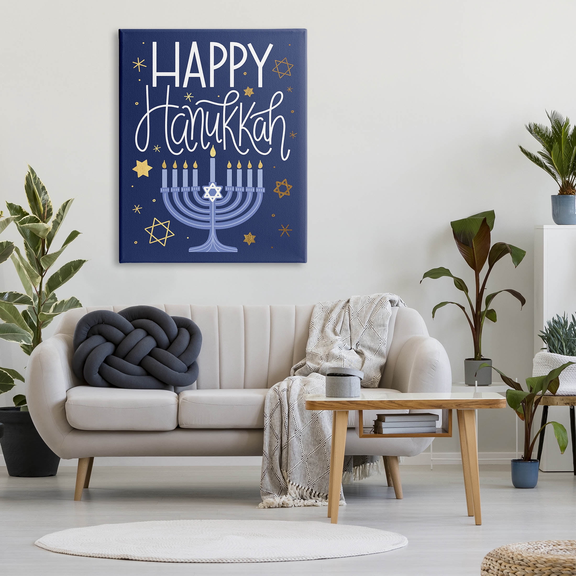 Happy Hanukkah Blue Menorah Pattern Holiday Graphic Art Gallery Wrapped Canvas Print Wall Art