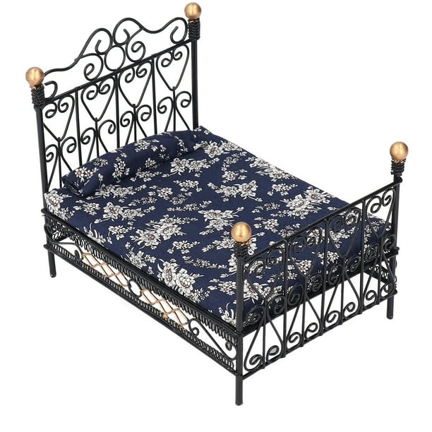 1:12 Mini casa de muñecas Cama doble Simulación Escena de vida Cama de princesa Casa de muñecas de hierro Cama doble