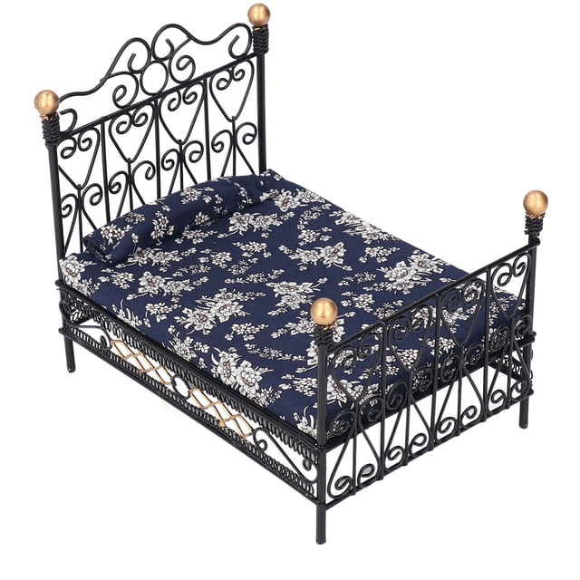 1:12 Mini casa de muñecas Cama doble Simulación Escena de vida Cama de princesa Casa de muñecas de hierro Cama doble