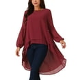 thumbnail image 1 of Blusas asimétricas de chiffon de manga larga con cuello redondo para mujer, estilo casual y elegante, color rojo oscuro, 1 of 5