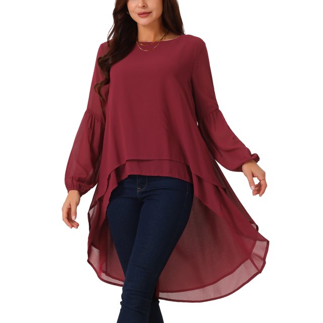 Blusas asimétricas de chiffon de manga larga con cuello redondo para mujer, estilo casual y elegante, color rojo oscuro