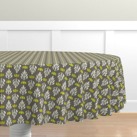 

Cotton Sateen Tablecloth 90 Round - Neutral Damask Mod Leaves Scandinavian Simple Botanical Textured Look Distressed Leaves2019 Dark Print Custom Table Linens by Spoonflower