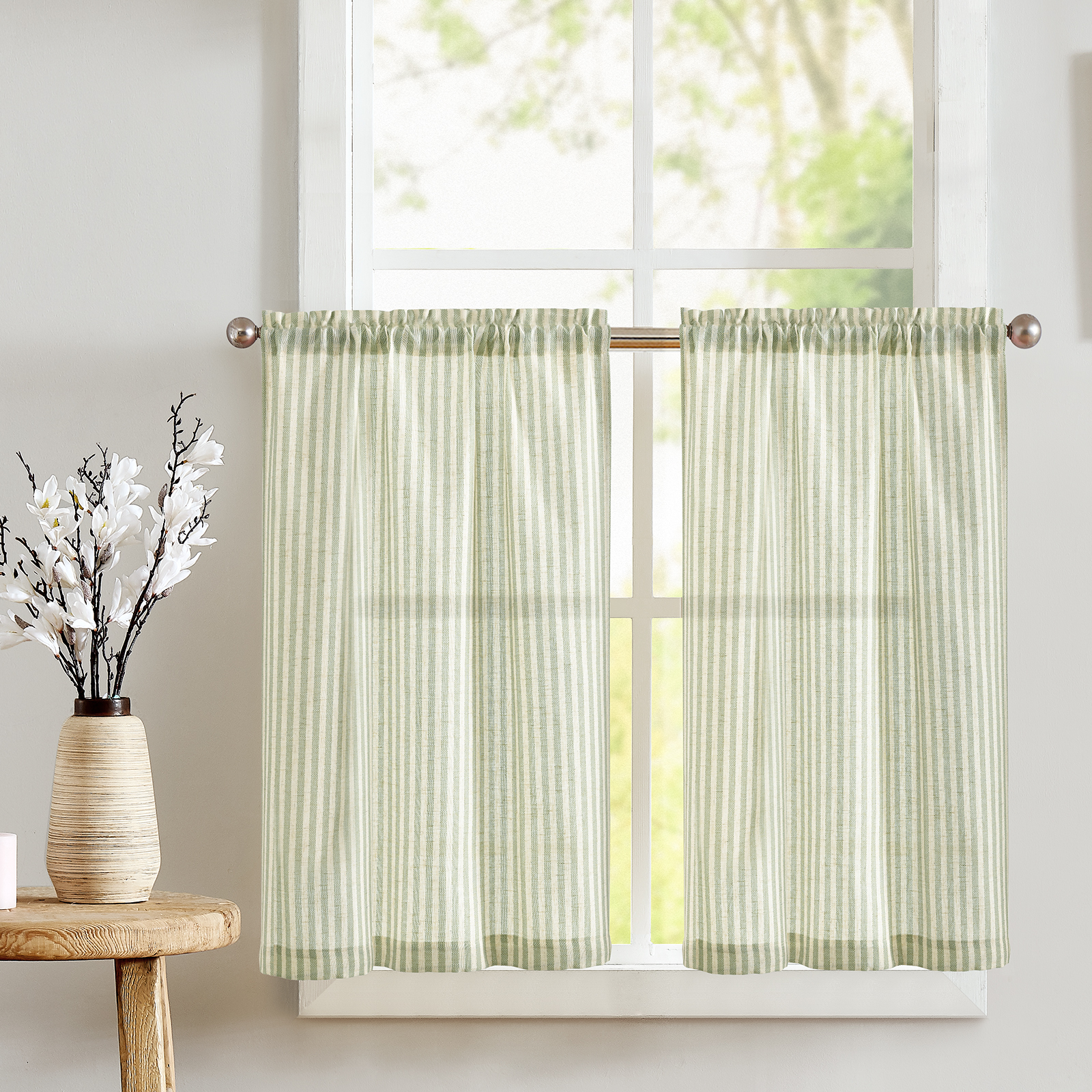 Jinchan 2-Panel Linen Stripe Print Tier Cafe Curtains - Rod Pocket Light Filtering