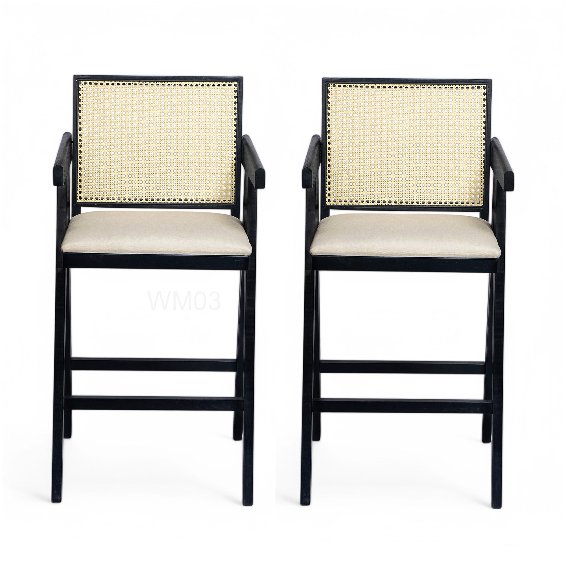 27 Inch Height Bar Stool Set of 2, Cream Grey Fabric Seat with Woven Plastic Cane Back and Rubberwood Legs