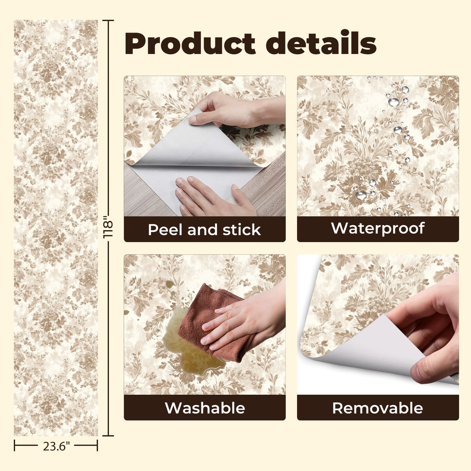 Peel and Stick Wallpaper Vintage Floral Soft Beige Brown Tones Wall Mural 23.6in x 9.8ft Self Adhesive Removable Wall Paper Renter Friendly Wallpaper for Nursery Bedroom Cabinets
